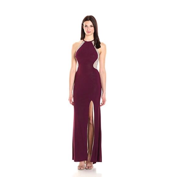 XSCAPE Illusion Cutaway High Neck Jersey Gown Maroon Caviar Beading #XS8264 - Picture 1 of 16